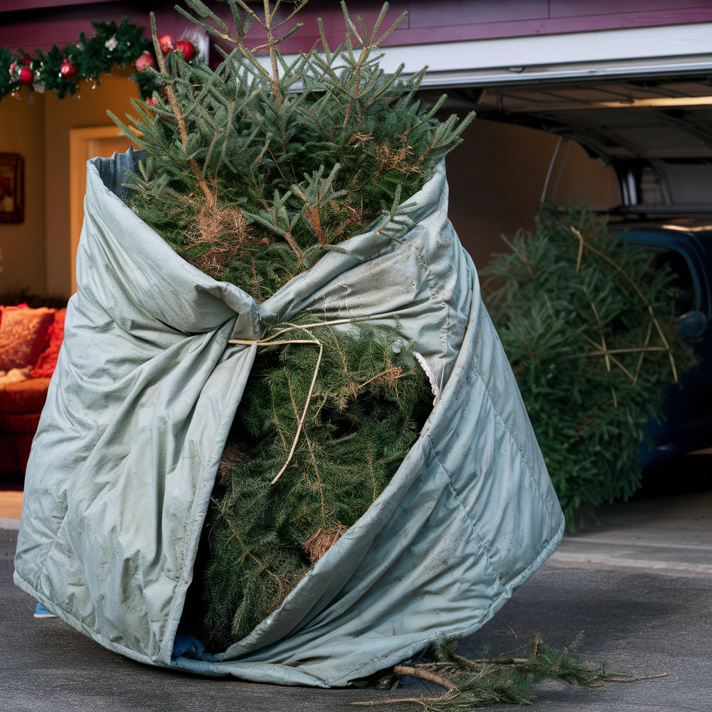 Der Weihnachtsbaum wird in ein Bettlaken oder eine Decke eingewickelt, um ihn nadelfrei zu entsorgen.