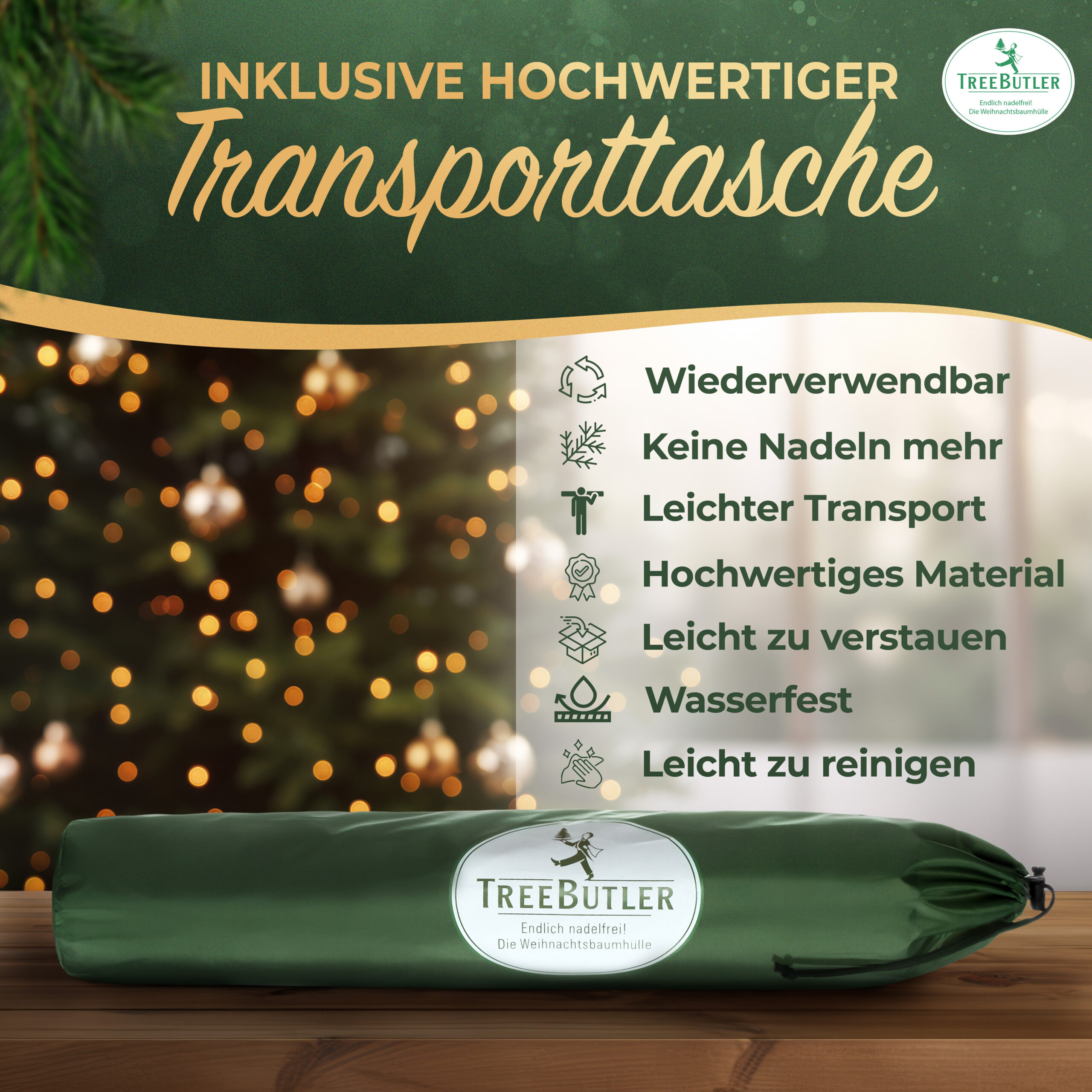 Die wiederverwendbare TreeButler Weihnachtsbaumhülle ist einfach zu verstauen,ganz ohne unnötigen Verpackungsmüll.