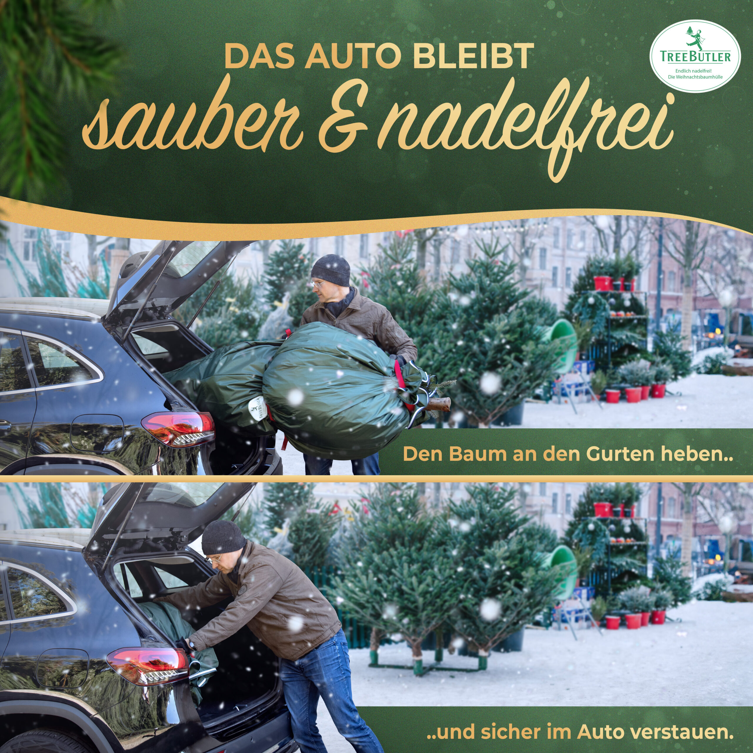 Endlich eine praktisch Transporttasche für Ihren Tannenbaum damit das Auto sauber und trocken bleibt.